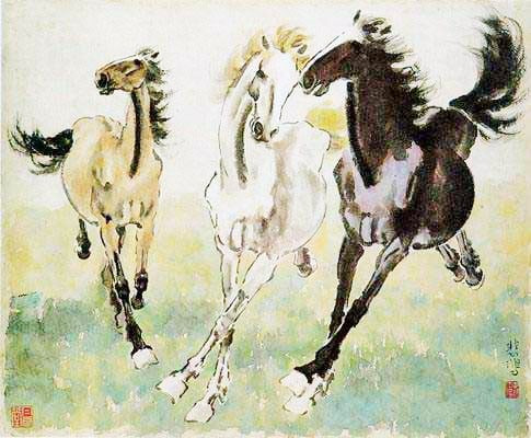 Hội họa Trung Quốc thế kỷ XX có một danh họa được cả thế giới biết đến về biệt tài vẽ ngựa. Đó là danh họa Từ Bi Hồng. Bức "Tam mã" của họa sĩ Từ Bi Hồng. (Nguồn: ieshu).