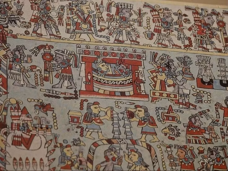  Sở hữu hệ thống chữ viết và sách cổ độc đáo. Người Mixtec nổi tiếng với các bản thảo vẽ tay trên da hươu hoặc vỏ cây, ghi lại lịch sử, phả hệ và nghi lễ bằng hình ảnh giàu tính biểu tượng. Ảnh: Pinterest.