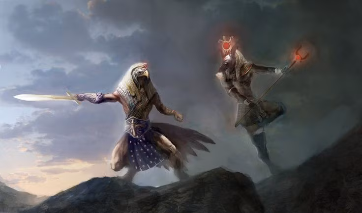  2. Trận chiến kéo dài suốt 80 năm. Theo truyền thuyết, cuộc đối đầu giữa Horus và Seth không chỉ diễn ra trên chiến trường mà còn qua các cuộc thi đấu, biến hình và xét xử thần thánh, trong suốt 80 năm. Ảnh: Pinterest.