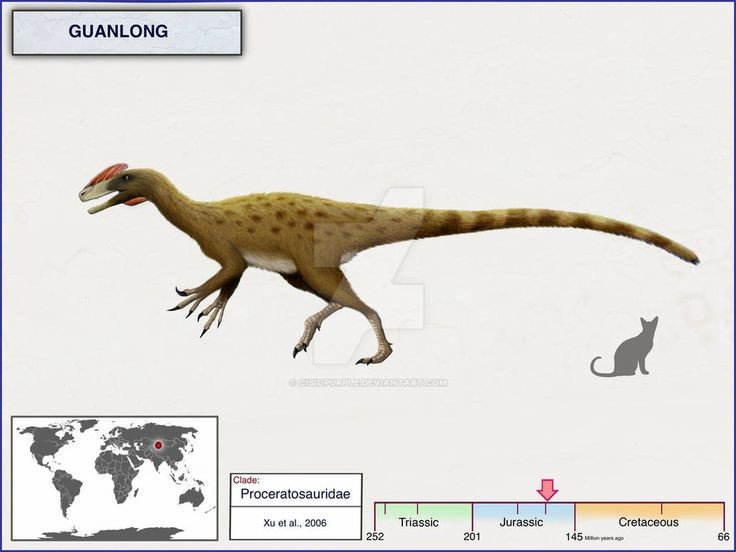  Có cơ thể thon gọn và nhanh nhẹn. Không giống các bạo chúa khổng lồ sau này, Guanlong có chân dài, thân hình nhẹ, phù hợp với lối sống săn mồi nhanh và linh hoạt. Ảnh: Pinterest.