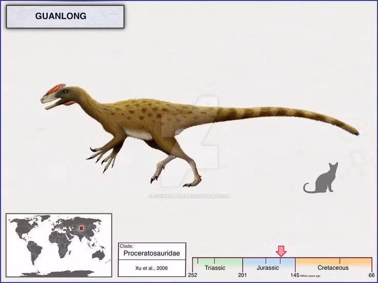  Có cơ thể thon gọn và nhanh nhẹn. Không giống các bạo chúa khổng lồ sau này, Guanlong có chân dài, thân hình nhẹ, phù hợp với lối sống săn mồi nhanh và linh hoạt. Ảnh: Pinterest.