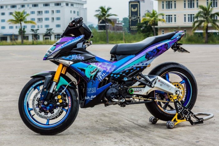 Bộ mâm xe mang phong cách xe đua YZF-R1 độc đáo, nhiều món đồ chơi "hàng khủng" khác gồm cùm thắng Nissin, tay càng Bikers 6 cấp độ. Bộ cùm thắng này truyển tải lực thắng xuống cặp phanh dầu 4-piston bông mai lấy từ chiếc Yamaha R6, gắp nhôm thửa riêng từ chiếc Aprilia RSV4, phuộc upside-down lấy từ xe phân khối lớn,…