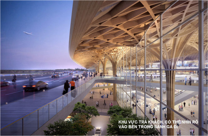 Không gian nội thất kiến trúc nhà ga lớn, thông thoáng, sử dụng vật liệu tre làm kết cấu công trình cũng như làm trần trang trí cho nhà ga. Đây là sự độc đáo, có nét khác biệt so với những công trình nhà ga hàng không trước đây. Ảnh: Tuổi trẻ.