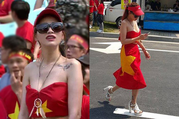 Liên hệ với nhân vật chính, nữ CĐV gợi cảm giới thiệu tên là Thu Hương (tên tiếng Hàn là Lee Ka Hee), hiện đang làm phiên dịch và định cư tại Hàn Quốc. Hương khá bất ngờ khi bộ trang phục được cô chuẩn bị tỉ mỉ để cổ vũ tuyển Việt Nam lại bị dân mạng, đặc biệt là các thành viên Việt phản ứng dữ dội như thế. 'Hôm đó đi làm về, vội vàng phóng xe đến nhà, lục tủ quần áo không thấy bộ nào màu đỏ, chỉ còn mỗi chiếc áo chụp từ dịp Giáng sinh. Mình đã vào web xem người Hàn mặc gì mỗi lần đi cổ vũ và tìm thấy 2 mẫu trang phục mà ở đó, nữ diện áo hở rốn, bên dưới quấn cờ. Và mình đã bắt chước theo' - Hương kể lại.