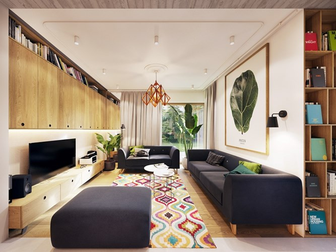 Để ngôi nhà không bị rối mắt bởi các bảng màu vintage cổ điển, một chiếc kệ sắt đã được sử dụng ngay chính giữa phòng, kệ bằng gỗ, đèn chùm cũng giúp làm giảm áp lực về màu sắc cho người nhìn.