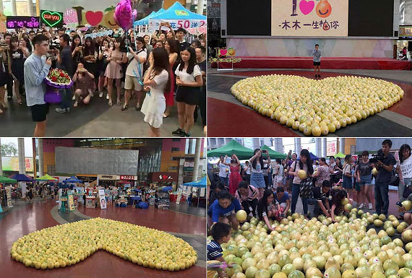 Cái kết cay đắng cho màn bày tỏ tình cảm bằng 999... quả bưởi, của chàng sinh viên từ Quảng Châu, Trung Quốc vẫn khiến nhiều người không khỏi bàn tán. Cầu kỳ xếp 999 trái bưởi, chuẩn bị âm nhạc công phu, song chàng trai không may này vẫn bị cô gái từ chối.