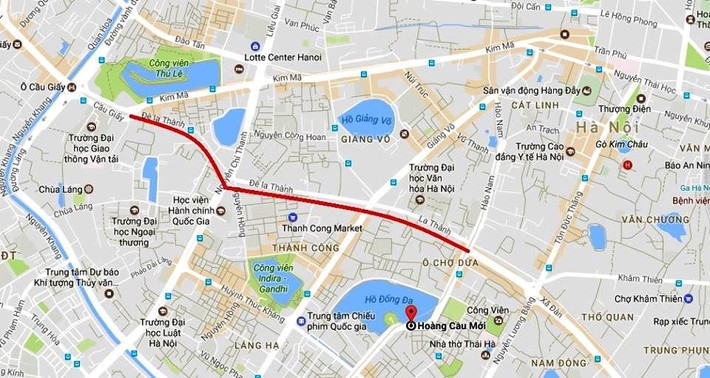 Bản đồ chi tiết 2,2 km đường nối Hoàng Cầu - Voi Phục chuẩn bị được thi công mở rộng. Ảnh: Google Maps.