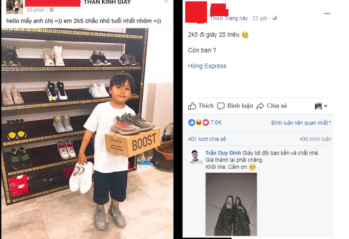 Một trong những đôi giày gây "chấn động" của cậu bé này là của thương hiệu Adidas - Yeezy Boost 350 V2. Đây là một trong những mẫu snacker được dân mê giày săn lùng bởi cảm giác thoải mái khi sử dụng. Tuy nhiên, đây cũng là một trong những item "ngốn" tiền bậc nhất. Ngay khi adidas Việt Nam đăng tải danh sách 29 khách hàng có cơ hội mua Yeezy 350 V2 vào 23/9, cư dân mạng không khỏi chú ý đến những bình luận đề nghị mua lại Yeezy 350 V2 với giá cao ngất ngưởng lên đến 15-17 triệu đồng, trong khi mức giá gốc của nó là 4,5 triệu đồng.