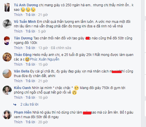 Trên mạng, cơn "bão" bình luận đã bùng nổ. Không ít người tỏ ra thần tượng cậu bé có bộ sưu tập giày quá "khủng". Nhiều người cũng thầm tiếc cho bản thân "25 tuổi đi giày 25.000 đồng", "chị mang giày 250.000 đồng này". Bên cạnh đó, có bình luận thắc mắc cậu bé lấy đâu ra nhiều tiền để mua giày, và cho rằng điều này thật lãng phí.