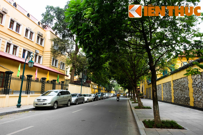 Con phố có lòng đường thông thoáng, vỉa hè lát đá rộng rãi và hai hàng cây xanh mướt. Dưới lòng đường, xe cộ đều được xếp gọn gàng.