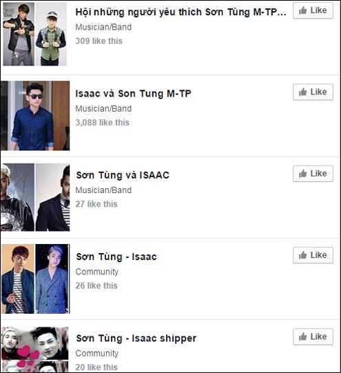 Chưa dừng lại ở đó, nhiều trang fan page ủng hộ "cặp đôi" cũng bắt đầu xuất hiện trên Facebook với số lượng thành viên đáng kể. Đặc biệt, nếu bạn search trên Google cụm từ "fanmade Sơn Tùng Isaac" thì có tới 21800 kết quả tìm thấy chỉ trong vòng 0.30 giây. Những video và hình ảnh đó chủ yếu là sản phẩm đã qua chỉnh sửa, cắt ghép nhưng thật sự nếu bạn chưa xem video gốc hay hình ảnh gốc thì khó mà nhận ra được. Có lẽ chính nhờ hiệu ứng này mà khán giả có quyền mong về một màn trình diễn kết hợp giữa hai anh chàng này vào một ngày không xa.