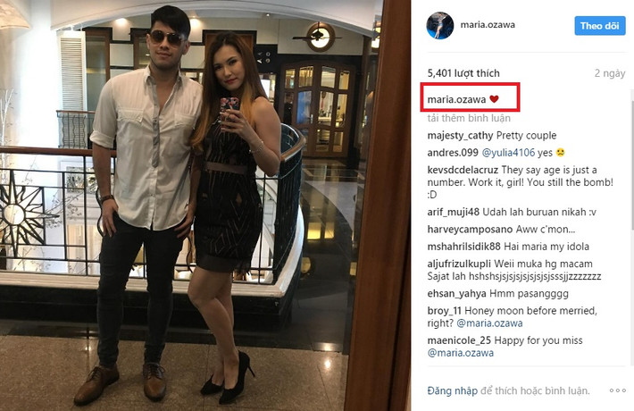 Hôm 5/5 vừa qua, "thiên thần phim người lớn" Maria Ozawa và Jose Sarasola công khai đăng bức ảnh hai người chụp chung trên Instagram cá nhân, kèm theo duy nhất biểu tượng hình trái tim ở dòng chú thích. Bức ảnh nhanh chóng làm dấy lên nghi vấn hai người đang có quan hệ tình cảm với nhau.