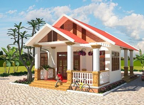 Mẫu nhà phố đẹp hiện đại phong cách Tây Âu với sân trước rộng thoáng, gồm 1 phòng khách, 2 phòng ngủ và bếp. Ảnh: Vinatrends.