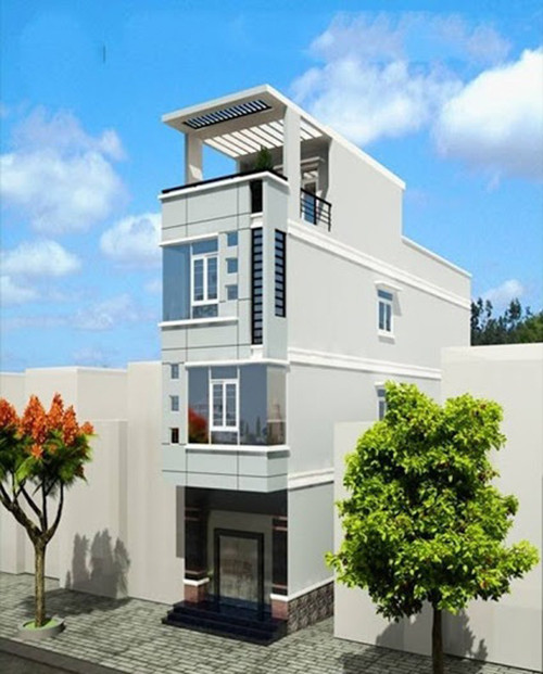 Mặt tiền của mẫu nhà 4 tầng này không tạo điểm nhấn nhờ vào phối màu sơn mà ở kiểu cách thiết kế. Ảnh: Nhadat24h.