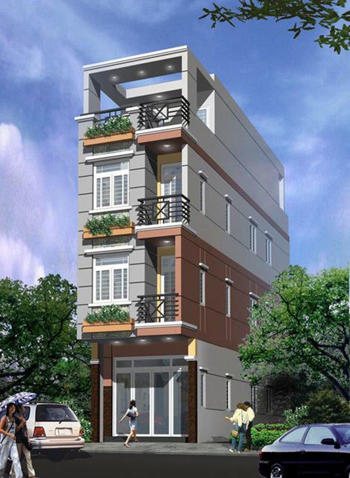Điểm nhấn của ngôi nhà ống 4 tầng này là các tầng đều có ban công, mỗi ban công đều có bồn hoa. Ảnh: Xaydungkienan.