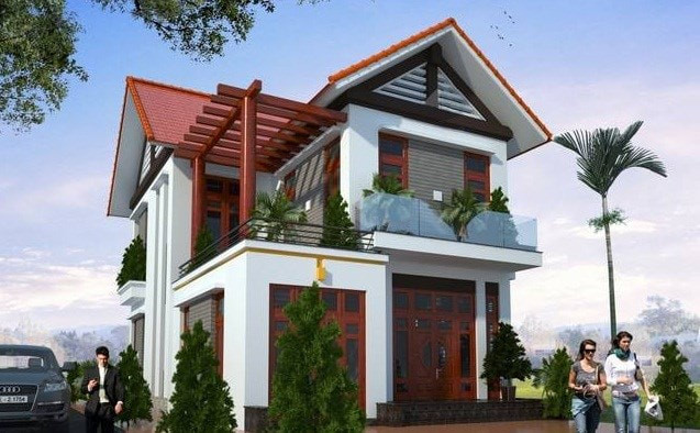 Nhà 2 tầng mái thái sở hữu hai mặt tiền thoáng mát, phía trước đổ ban công sân thượng. Ảnh: Xaydungnhaphotrongoi.