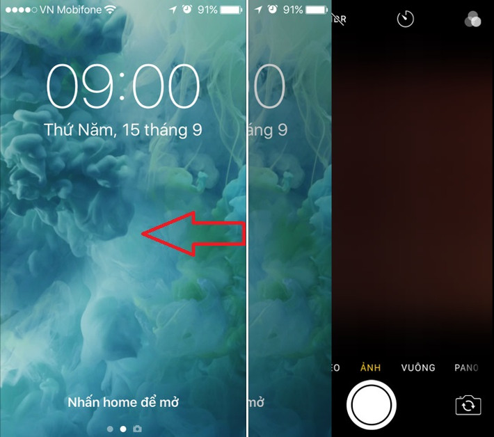 Người dùng hoàn toàn có thể mở camera trên iPhone cực nhanh chỉ bằng cách trượt ngón tay từ màn hình khóa đến biểu tượng máy ảnh. Ảnh: Thegioididong.