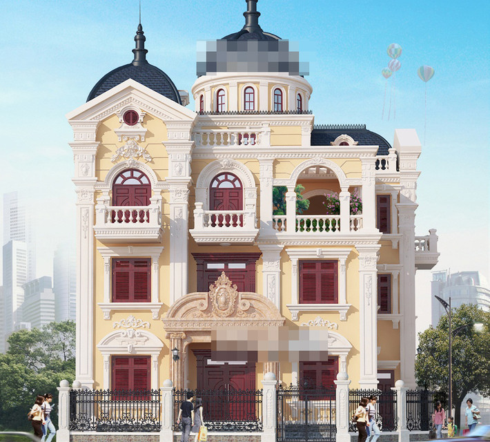 Đá hoa cương trạm hoa văn được sử dụng làm điểm nhấn nâng tầm sang trọng, đẳng cấp cho mặt tiền biệt thự. Ảnh: Nhasang.