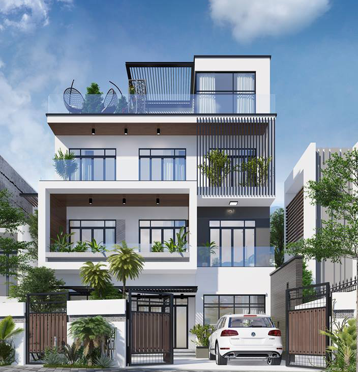 Ngôi nhà được thiết kế theo kiểu biệt thự phố mang phong cách hiện đại với các hình khối hài hòa kết hợp tiểu cảnh cây xanh. Ảnh: Nhabietthudepkt.