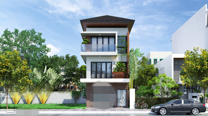 Nhà phố 3 tầng mái ngói có sự kết hợp giữa các khối hình học cơ bản và tam giác nhọn, tạo nét kiến trúc độc đáo. Ảnh: Neohouse.