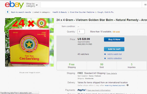 Còn trên trang điện tử eBay, một hộp Cao Sao Vàng luôn được bán với giá phổ biến 50.000-70.000 đồng, đắt gấp 30 lần so với giá gốc bán ở Việt Nam, nhưng lại rất đắt hàng. Ảnh: eBay.