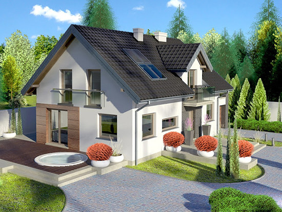 Mẫu nhà 2 tầng, 5 phòng ngủ thích hợp với gia đình 5 người. Phần mái tầng 2 thiết kế thêm mái thò ra tạo sự phá cách. Ảnh: 10nhadep.