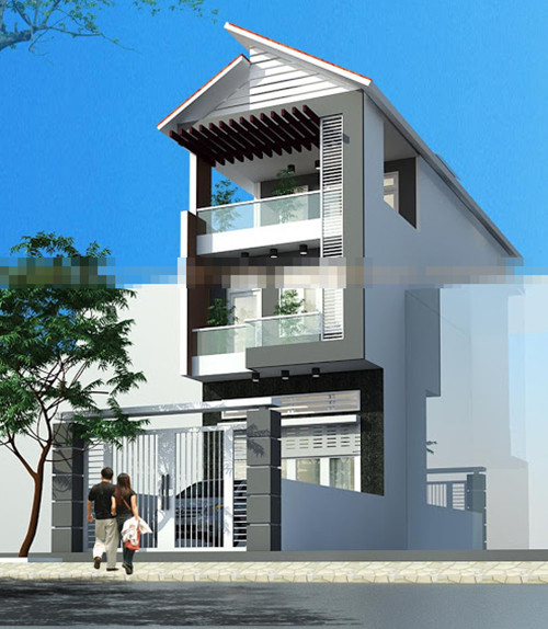 Vẻ đẹp cá tính thể hiện trong hệ mái chéo lạ mắt của ngôi nhà ống 3 tầng. Ảnh: Nhadep.