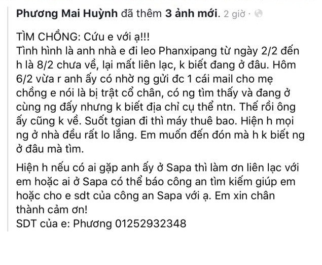 Theo như lời người vợ thì anh Jesse Peterson đã lên đường đi chinh phục đỉnh Fansipan từ ngày 2/2, nhưng tới ngày 8/2 vẫn chưa về, lần liên lạc duy nhất với gia đình là một email gửi cho mẹ ruột của anh Jesse với nội dung anh bị trật cổ chân, có người tìm thấy và đang trú ngụ cùng người đó. Tuy nhiên sau email này thì tới hôm nay gia đình vẫn chưa hề nhận thêm được thông tin nào từ người chồng.