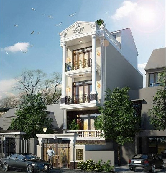 Nhà ống kiểu Pháp lệch tân cổ điển. Ảnh: Thietkenhadepmoi.