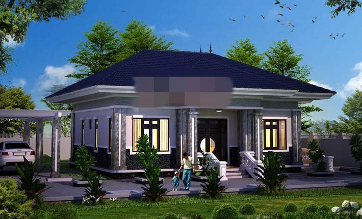 Nhà vuông 1 tầng 3 phòng ngủ gây ấn tượng với thiết kế mái cụp sang trọng. Ảnh: Angcovat.