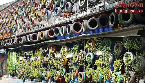 Vườn treo được anh Đinh Xuân Sơn tạo nên từ 500 chiếc lốp xe ô tô bao phủ toàn bộ mặt hông căn nhà có chiều dài 20m.
