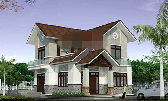 Mẫu nhà 2 tầng mái thái có tổng diện tích sàn 80m2 tận dụng hết mặt trước và sau cho không gian mát mẻ. Ảnh: Angcovat.