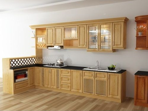 Kệ bếp gỗ tự nhiên sơn mài bóng bẩy hay kệ có gờ mỏng tiếp tục phổ biến vào năm 2019. Ảnh: Noithatgiare.
