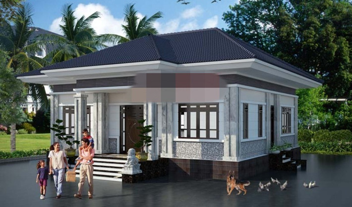 Mẫu nhà 1 tầng hình vuông thiết kế đơn giản. Mái thái cách tân mang đến nét đẹp chủ đạo cho tổng thể kiến trúc. Ảnh: Xaydungnhadepmoi.