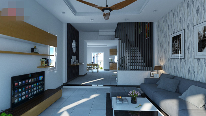 Nội thất tầng 1 sử dụng gàm màu trắng chủ đạo, vô cùng trang nhã.