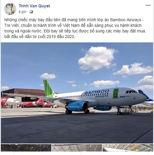 Ngày 23/10, trên trang Facebook cá nhân, ông Trịnh Văn Quyết - Chủ tịch HĐQT Công ty Cổ phần Tập đoàn FLC đã đăng tải những hình ảnh đầu tiên của chiếc máy bay Airbus khoác áo thương hiệu Bamboo Airways. Ảnh: FB Trinh Van Quyet.