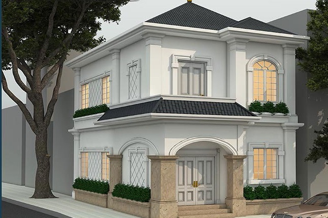 Biệt thự 2 tầng được nhấn nhá với những chi tiết hoa văn độc đáo, kết hợp cùng đường vòm cong, mái hiên che cao thấp ở mỗi tầng. Ảnh: Arcviet.