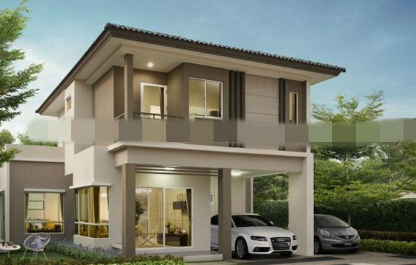 Thiết kế nhà mái thái hiện đại với tầng trệt lùi vào sâu lấy không gian cho chỗ để xe. Ảnh: Maunhadep902.