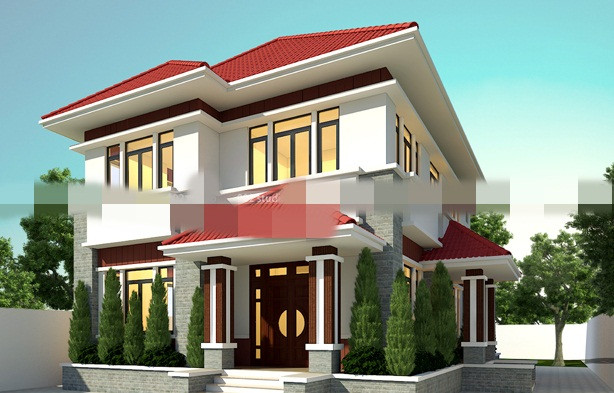 Nhà phố 1 trệt 1 lầu nổi bật với mái thái đỏ tươi. Ảnh: Maunhadep902.