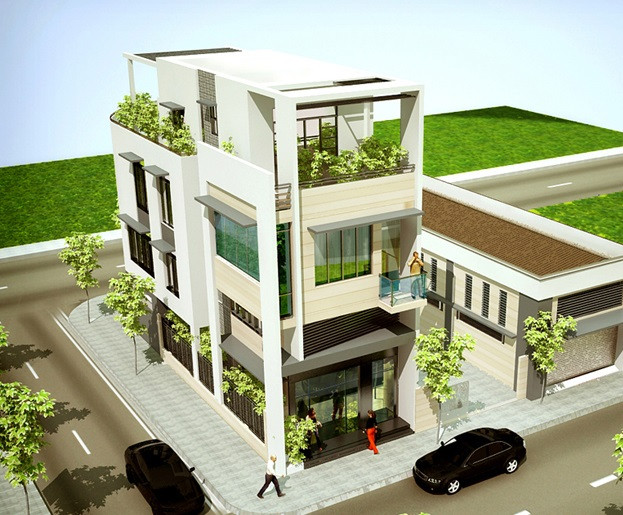 Nhà phố 3 tầng theo phong cách hiện đại với những hình khối khỏe khoắn, đường nét mềm mại kết hợp chất liệu hiện đại như kính cường lực trong suốt, mang đến tổng thể tinh tế và sang trọng. Ảnh: Arhome.