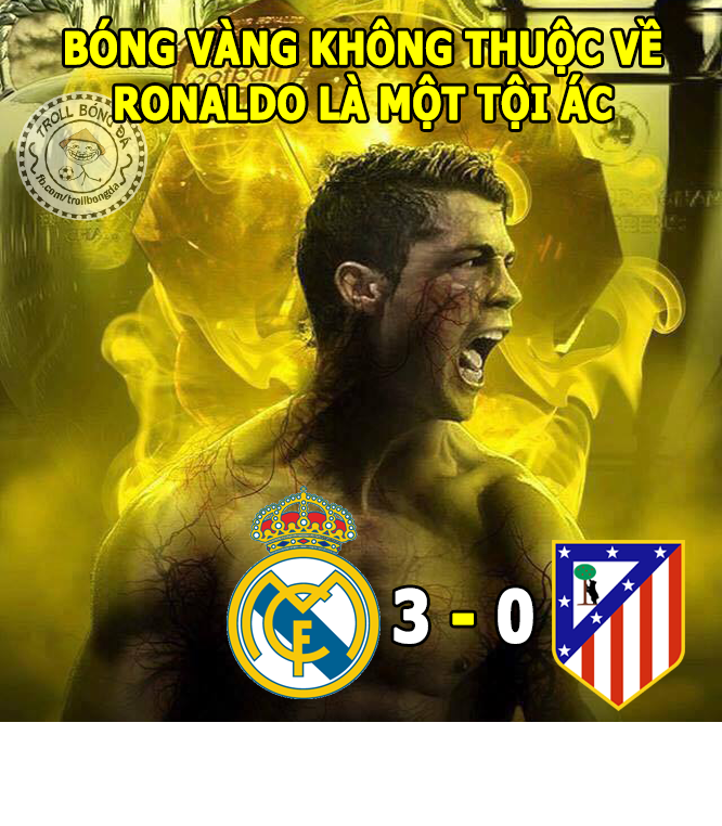 Ảnh chế bóng đá giữa tuần xoay quanh trận bán kết lượt đi cúp C1 châu Âu giữa Real Madrid và Atletico Madrid. Nơi mà Cris Ronaldo đã tỏa sáng với cú hat-trick giúp đội bóng "kền kền trắng" vùi dập người hàng xóm cùng thành phố. Ảnh: Troll bóng đá