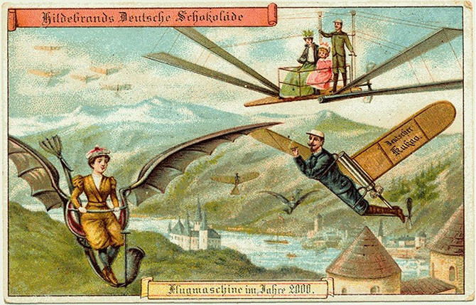 Theo Mashable, những tấm postcard này cho thấy viễn cảnh 100 năm sau (tức năm 2000), với những con người mặc quần áo thời kỳ Victoria sống rất thoải mái trong một thời đại công nghệ tiên tiến. Những tưởng tượng này, có phần chính xác, có phần sai lầm, và thậm chí đôi lúc rất ngây ngô, buồn cười. Trong hình ảnh trên, bạn có thể thấy các phương tiện bay cá nhân - một thứ cho đến bây giờ chúng ta vẫn chưa thể hoàn toàn làm được.