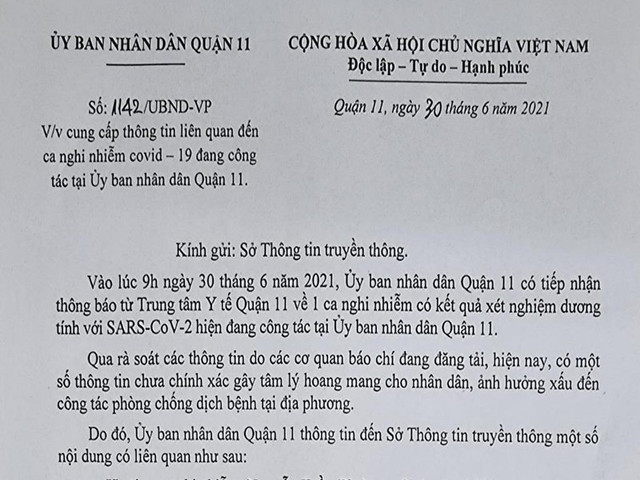 Quận 11 thông báo về ca nghi nhiễm là cán bộ UBND quận Quan 11 thong bao ve ca nghi nhiem la can bo UBND quan