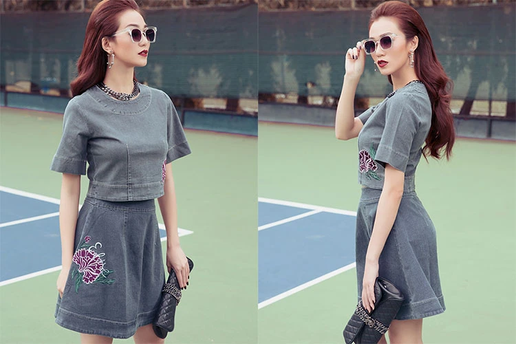 Khánh My cá tính với denim in thêu họa tiết độc đáo