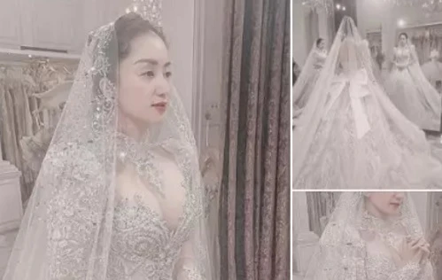 Lộ váy cưới hoàng gia tôn vòng 1 nảy nở của Khánh Thi