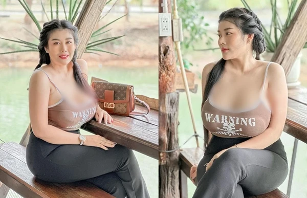 Ngượng đỏ mặt hot girl siêu vòng một diện đồ xẻ sâu khoe dáng