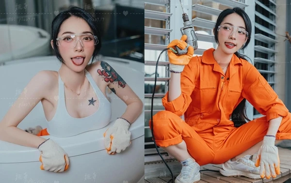 Hot girl xinh đẹp hóa công nhân gợi cảm khoe dáng trong bồn tắm