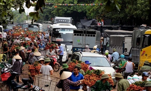 Xe vải thiều ngập chợ ven quốc lộ, ùn tắc kéo dài