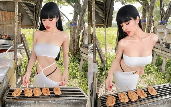 Đỏ mặt hot girl xinh đẹp mặc hở bạo khoe dáng khi nướng thịt