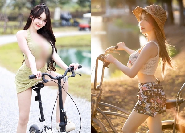 Ngượng đỏ mặt hot girl xinh đẹp mặc hở táo bạo khi đạp xe